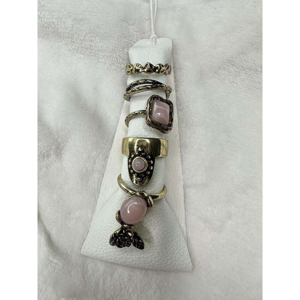Free People Pink Stone Gold Tone Boho Statement Ring Set Womens Floral Heart New